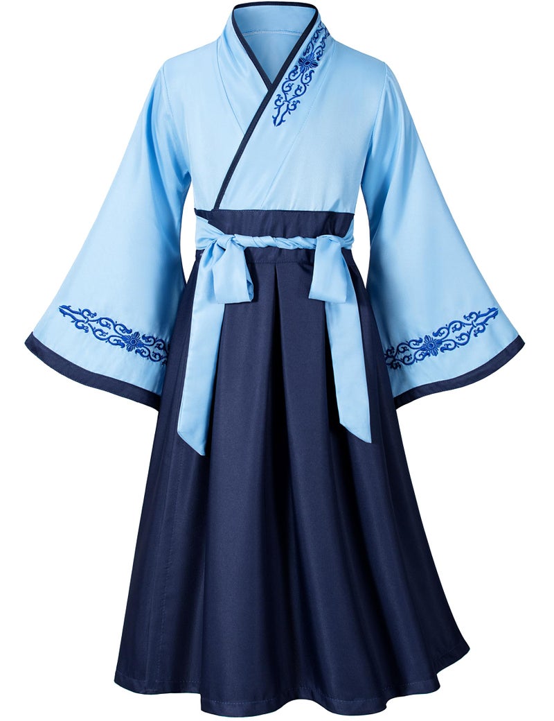 Elibelle Asian Traditional Dress Kimono Robe for Kids Girls Costume Silk Folding Fans hairstick Cosplay(Blue Navy 150cm - Image 2